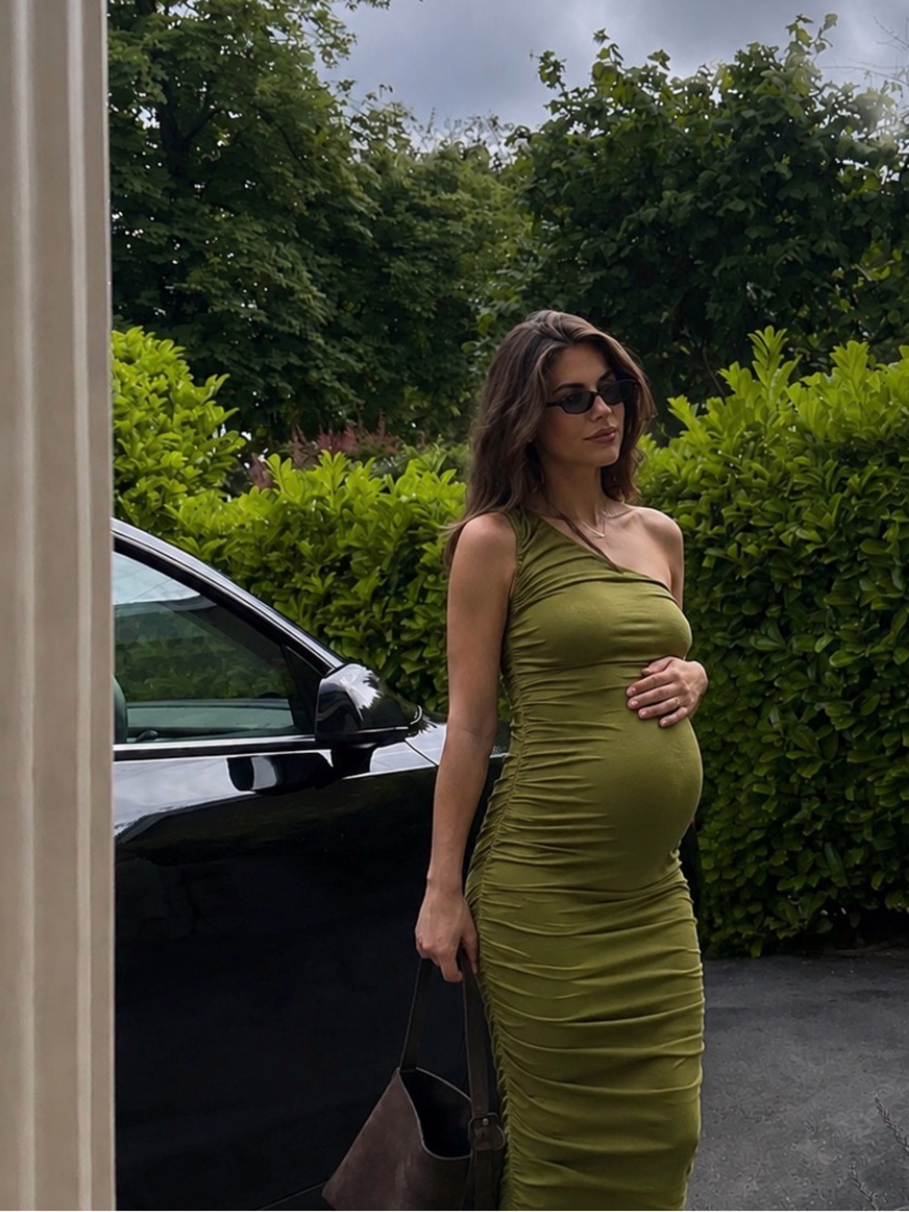 Special Occasion Pregnancy One-Shoulder Olive Green Ruched Midi Dress